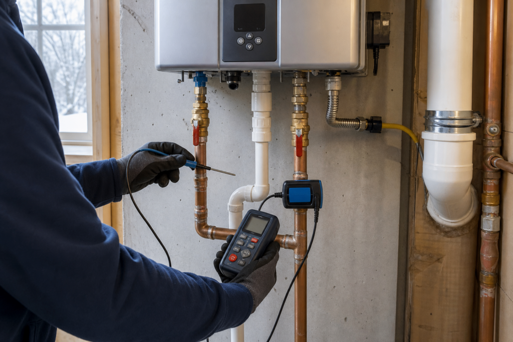 Tankless water heater flow-rate and inlet-temperature sizing inspection