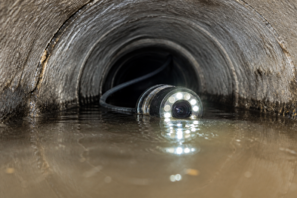Sewer camera approaching murky standing water inside a drainpipe