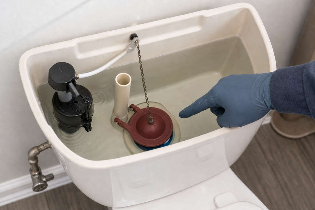 Open toilet tank showing a leaking seal and short refill cycle