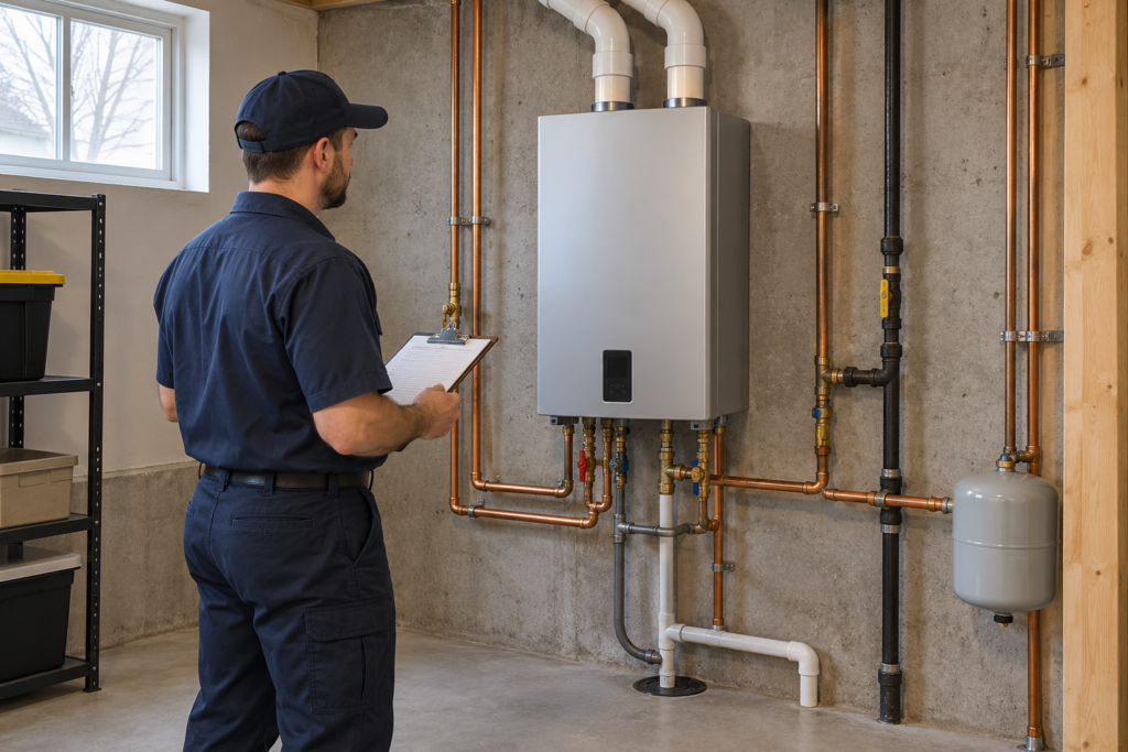 Illustrative plumber reviewing the installation area beside a wall-mounted tankless water heater